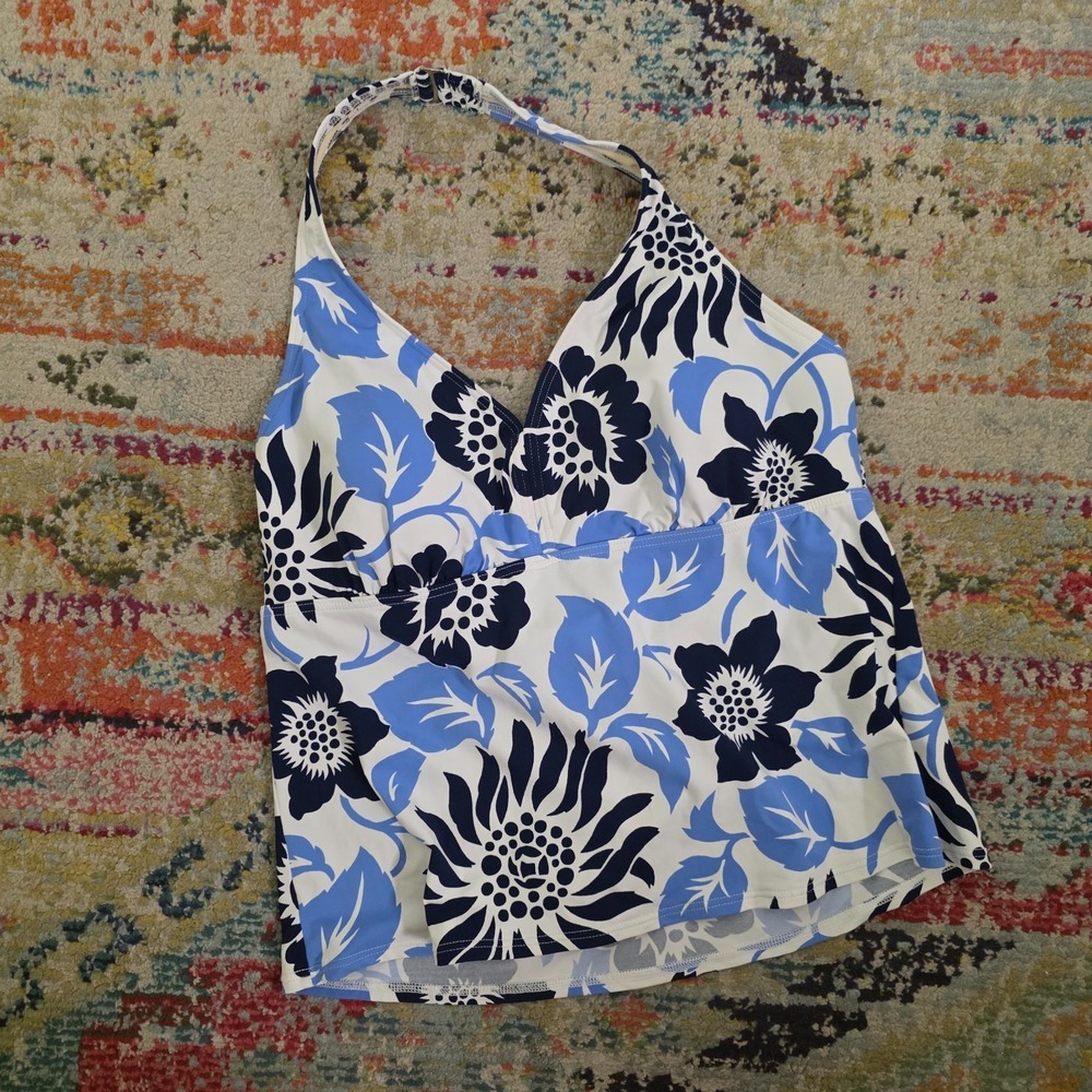 Lands End Floral Swimsuit Halter Tankini Top Size 16 Babydoll‎ Built in Bra Blue